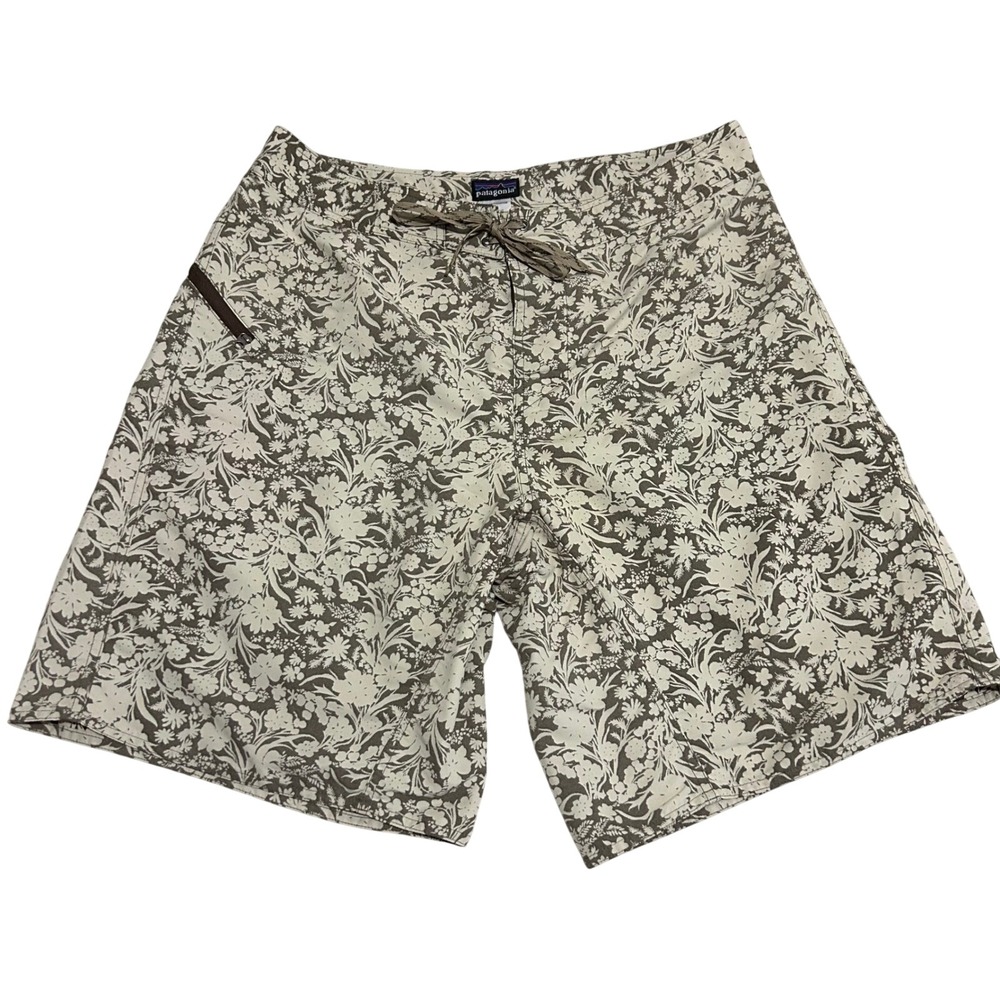 Patagonia Board Shorts Mens 35 9" Brown Floral Print Swim Trunks 100% Nylon